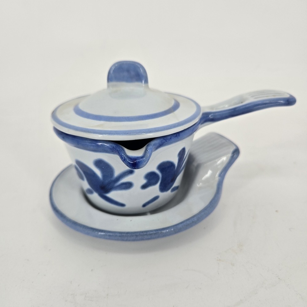 Husqvarna Sweden Smörpanna Butter Warmer Blue White Ceramic w Lid Plate Vintage